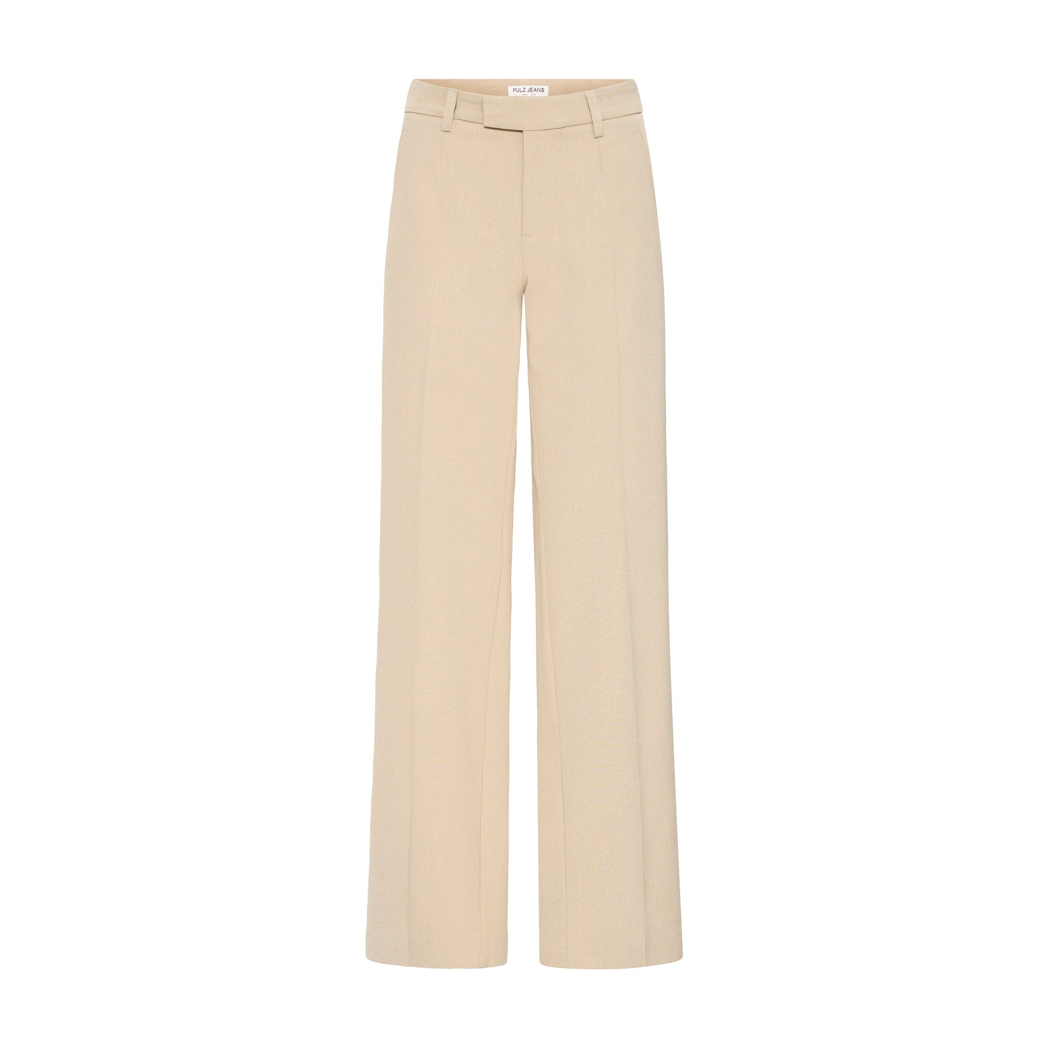Beige wide leg bukser fra Pulz med høj talje og pressefolder, set forfra