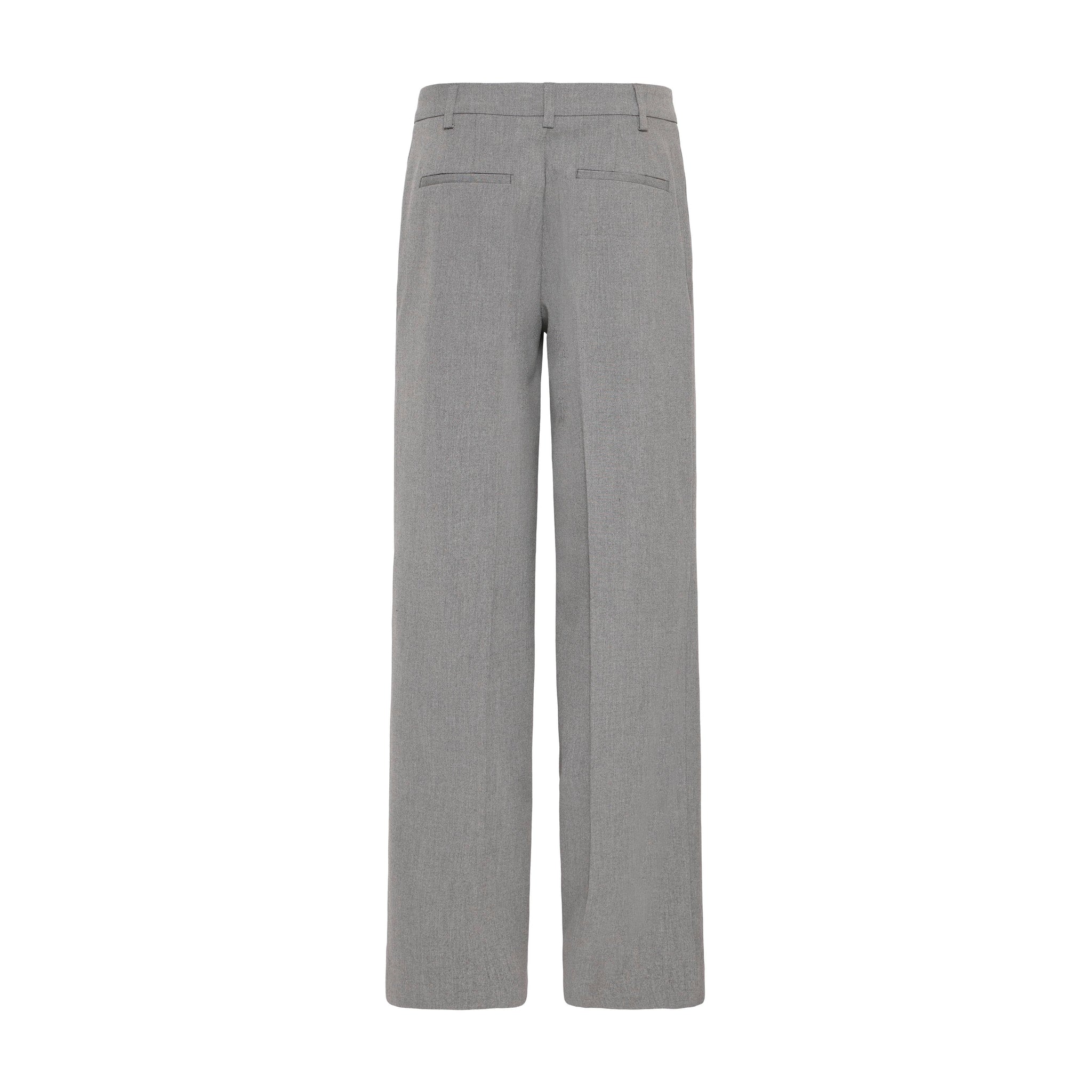Grå melerede wide leg bukser fra Pulz med baglommer, set bagfra