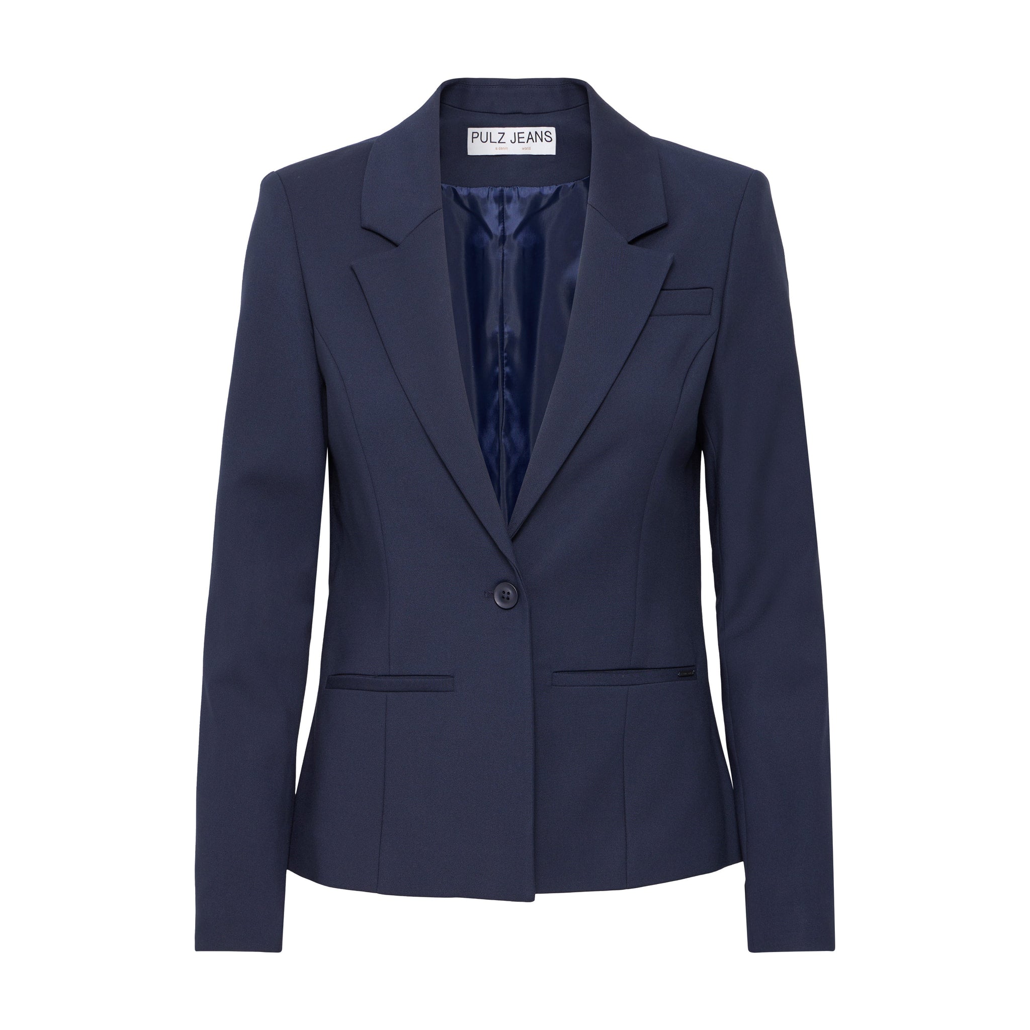Kort navy blazer Bindy fra Pulz forfra med reverskrave, én knap og lommer