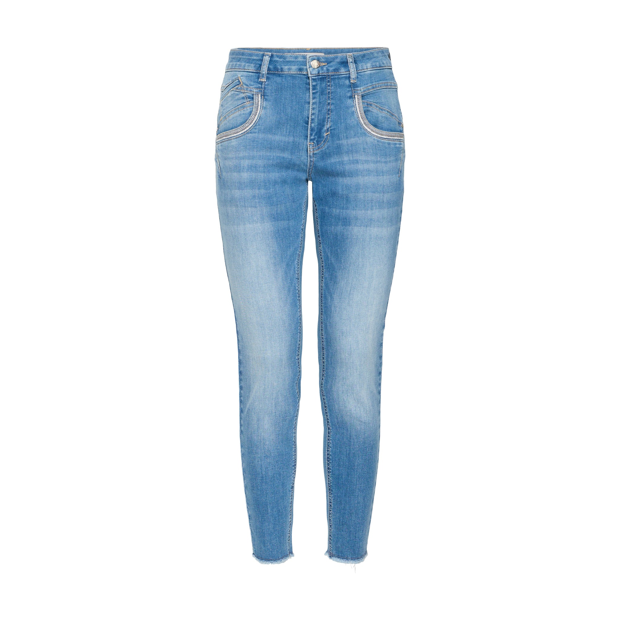 Lyseblå skinny jeans fra Pulz forfra med pyntesyninger ved forlommerne og flossede kanter forneden