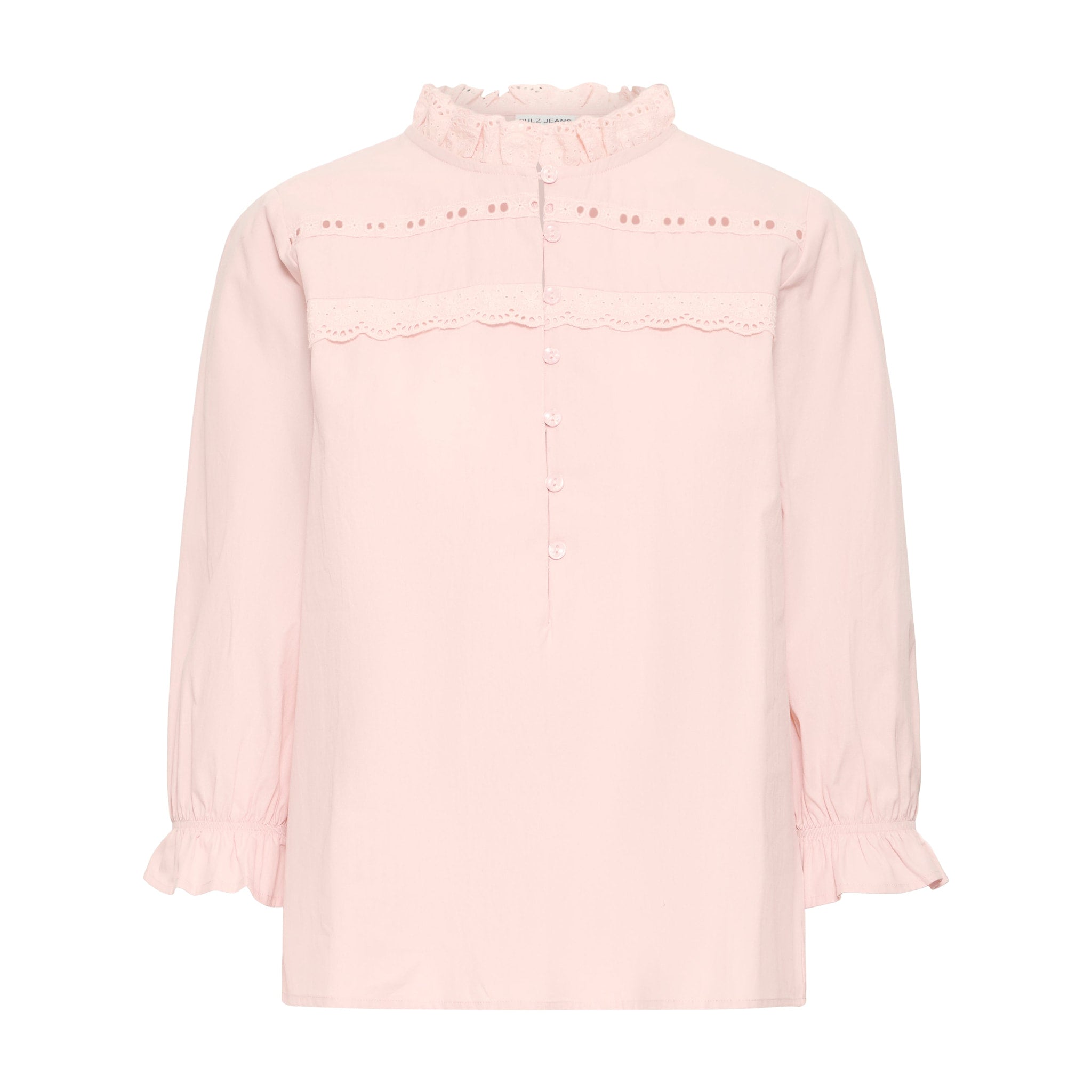 Orange bluse Daria fra Pulz i Peach Whip forfra med høj flæsekrave, hulbroderi og knapper foran