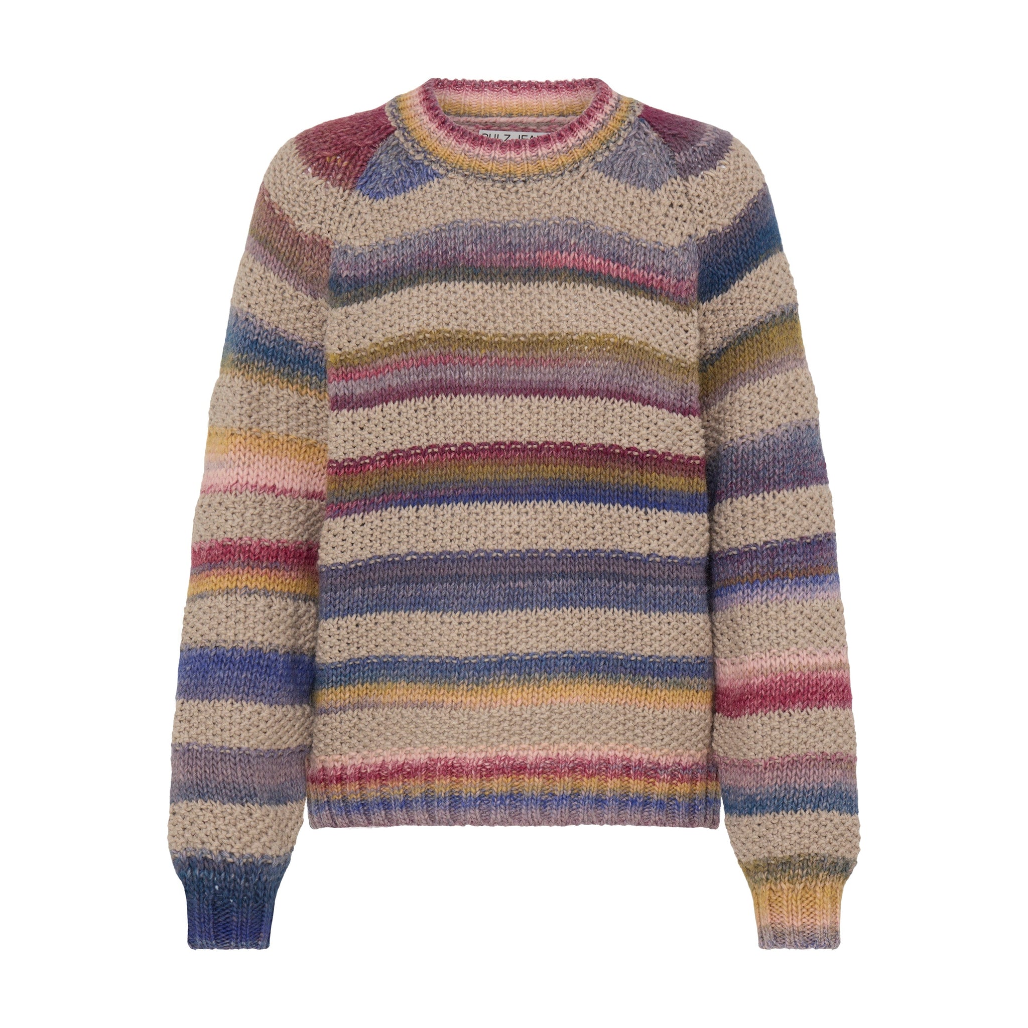 Flerfarvet stribet pullover fra Pulz i grov strik med rund hals, set forfra