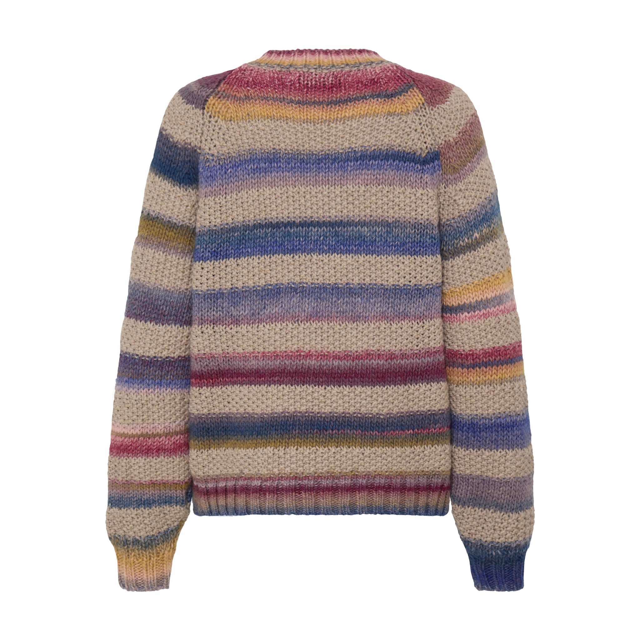 Flerfarvet stribet pullover fra Pulz med raglanærmer, set bagfra