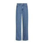 Blå wide leg jeans fra Pulz i Medium Blue Denim set forfra med knap og fem lommer