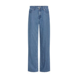 Blå wide leg jeans fra Pulz i Medium Blue Denim set forfra med knap og fem lommer
