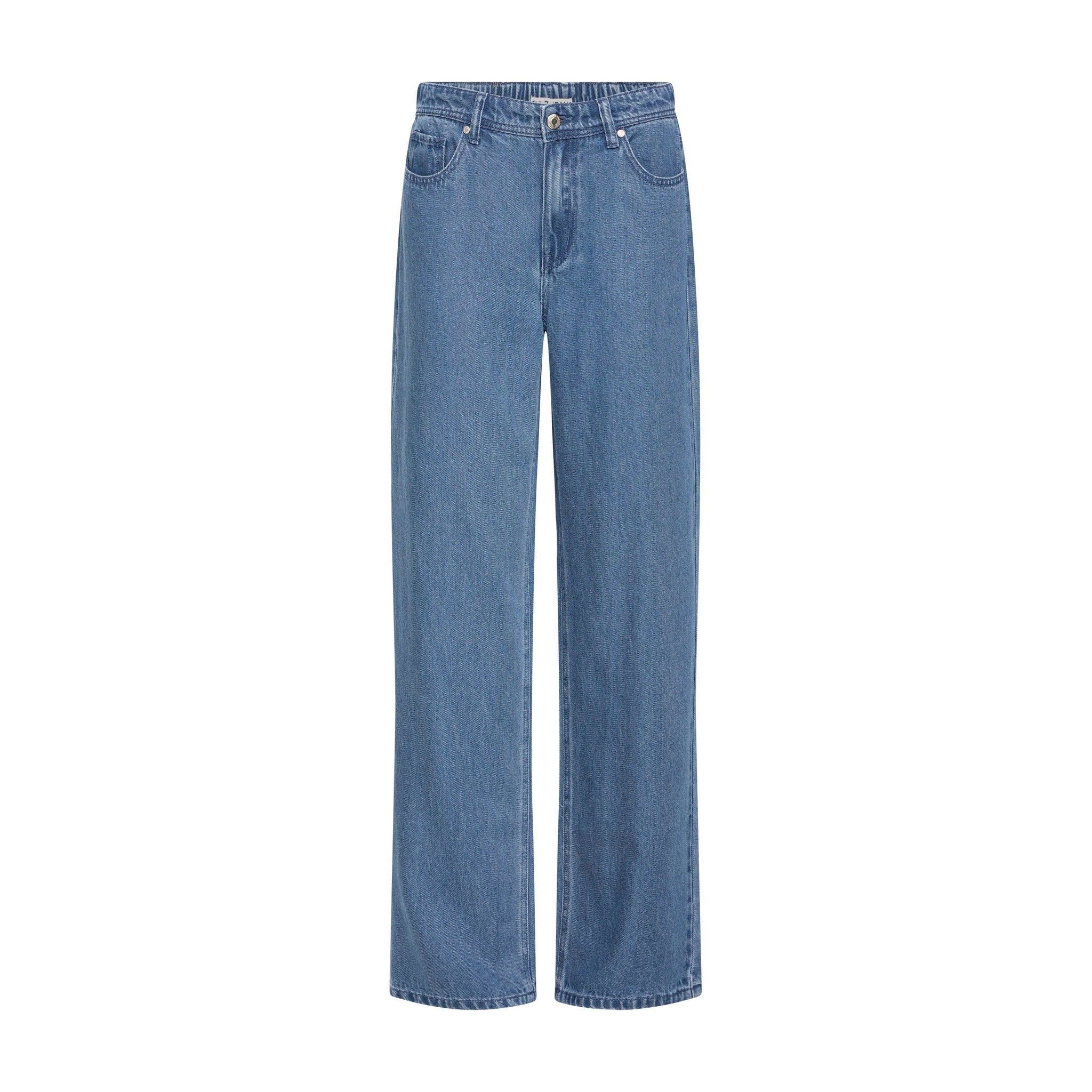 Blå wide leg jeans fra Pulz i Medium Blue Denim set forfra med knap og fem lommer