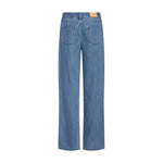 Blå wide leg jeans fra Pulz set bagfra med baglommer og elastik i linningen
