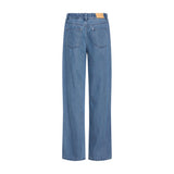 Blå wide leg jeans fra Pulz set bagfra med baglommer og elastik i linningen