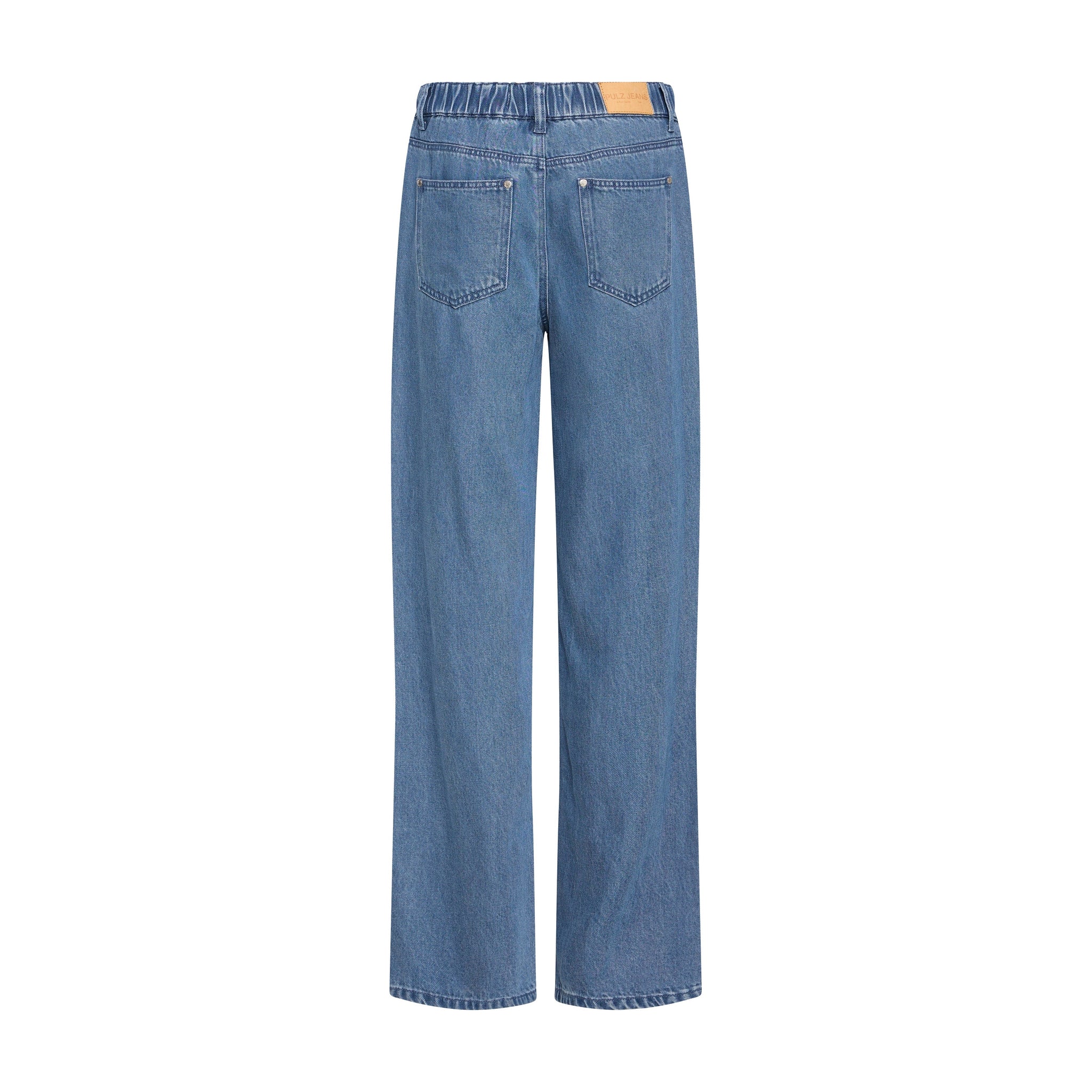 Blå wide leg jeans fra Pulz set bagfra med baglommer og elastik i linningen