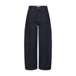 Navy barrel leg jeans fra Pulz i Unwashed Denim set forfra med buede ben og kontrastsømme