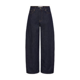 Navy barrel leg jeans fra Pulz i Unwashed Denim set forfra med buede ben og kontrastsømme