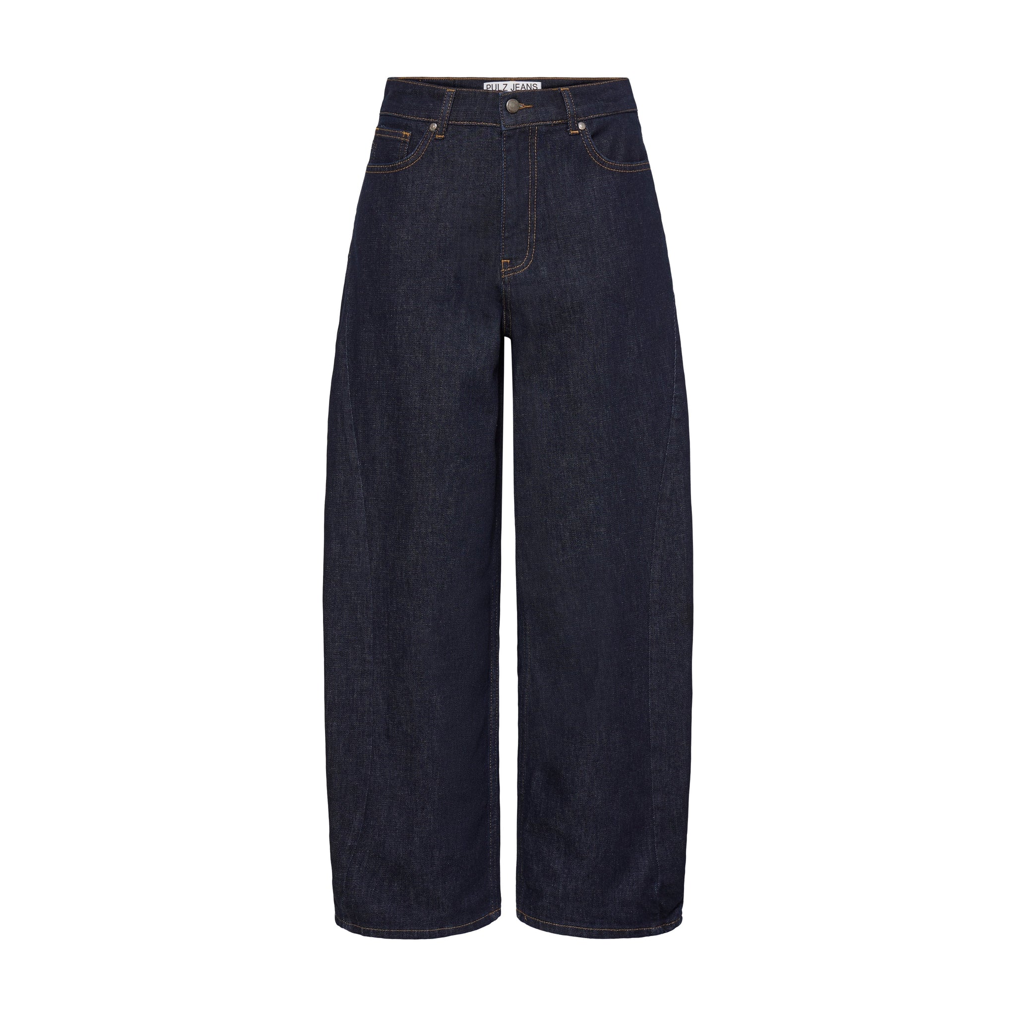 Navy barrel leg jeans fra Pulz i Unwashed Denim set forfra med buede ben og kontrastsømme