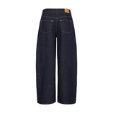 Navy barrel leg jeans fra Pulz set bagfra med to baglommer og mærke på linningen