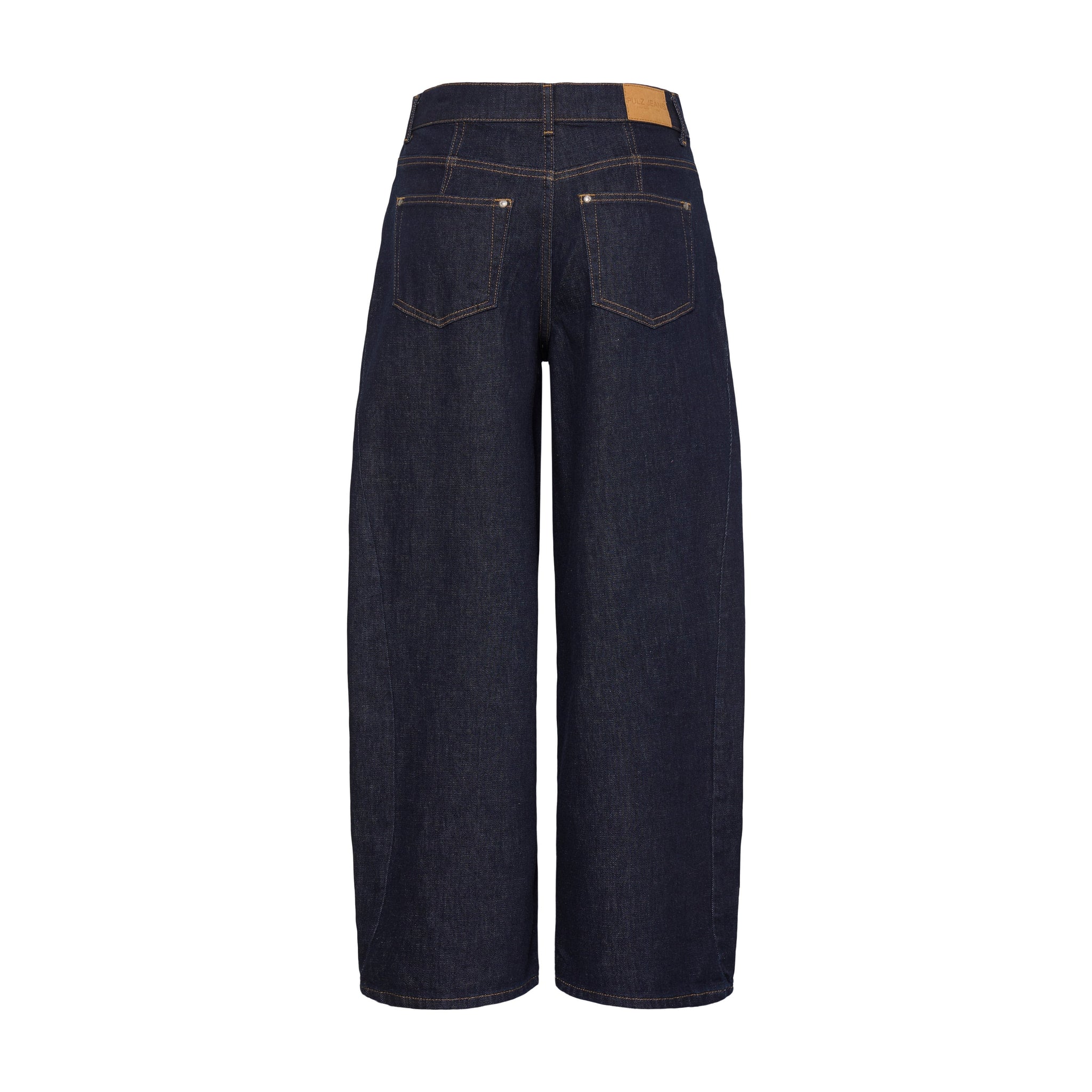 Navy barrel leg jeans fra Pulz set bagfra med to baglommer og mærke på linningen