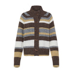 Brun stribet cardigan fra Pulz med høj krave og aflange knapper, set forfra