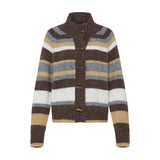 Brun stribet cardigan fra Pulz med høj krave og aflange knapper, set forfra