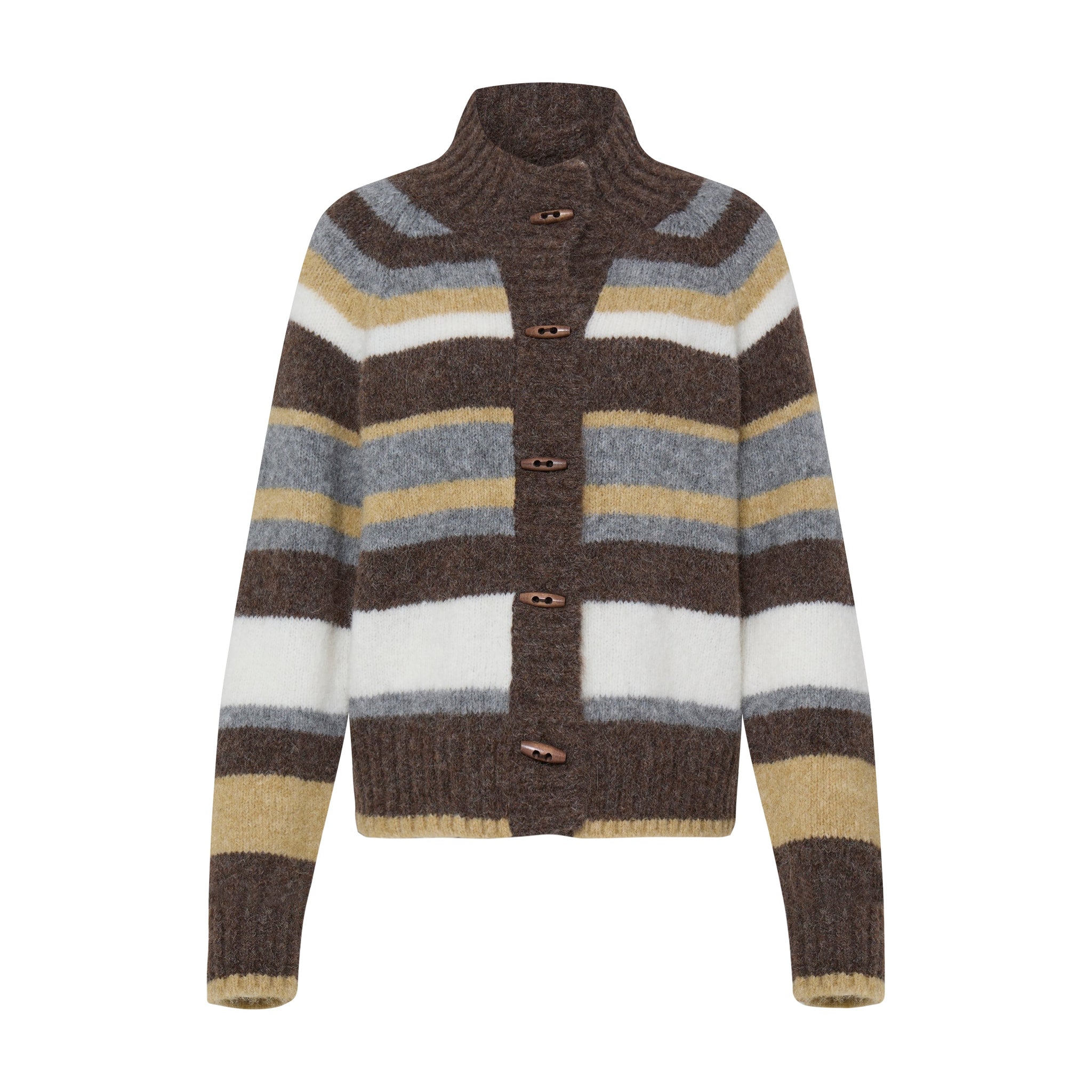 Brun stribet cardigan fra Pulz med høj krave og aflange knapper, set forfra