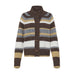 Brun stribet cardigan fra Pulz med høj krave og aflange knapper, set forfra