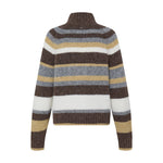Brun stribet cardigan fra Pulz med grå, gule og hvide striber og høj krave, set bagfra