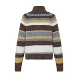 Brun stribet cardigan fra Pulz med grå, gule og hvide striber og høj krave, set bagfra