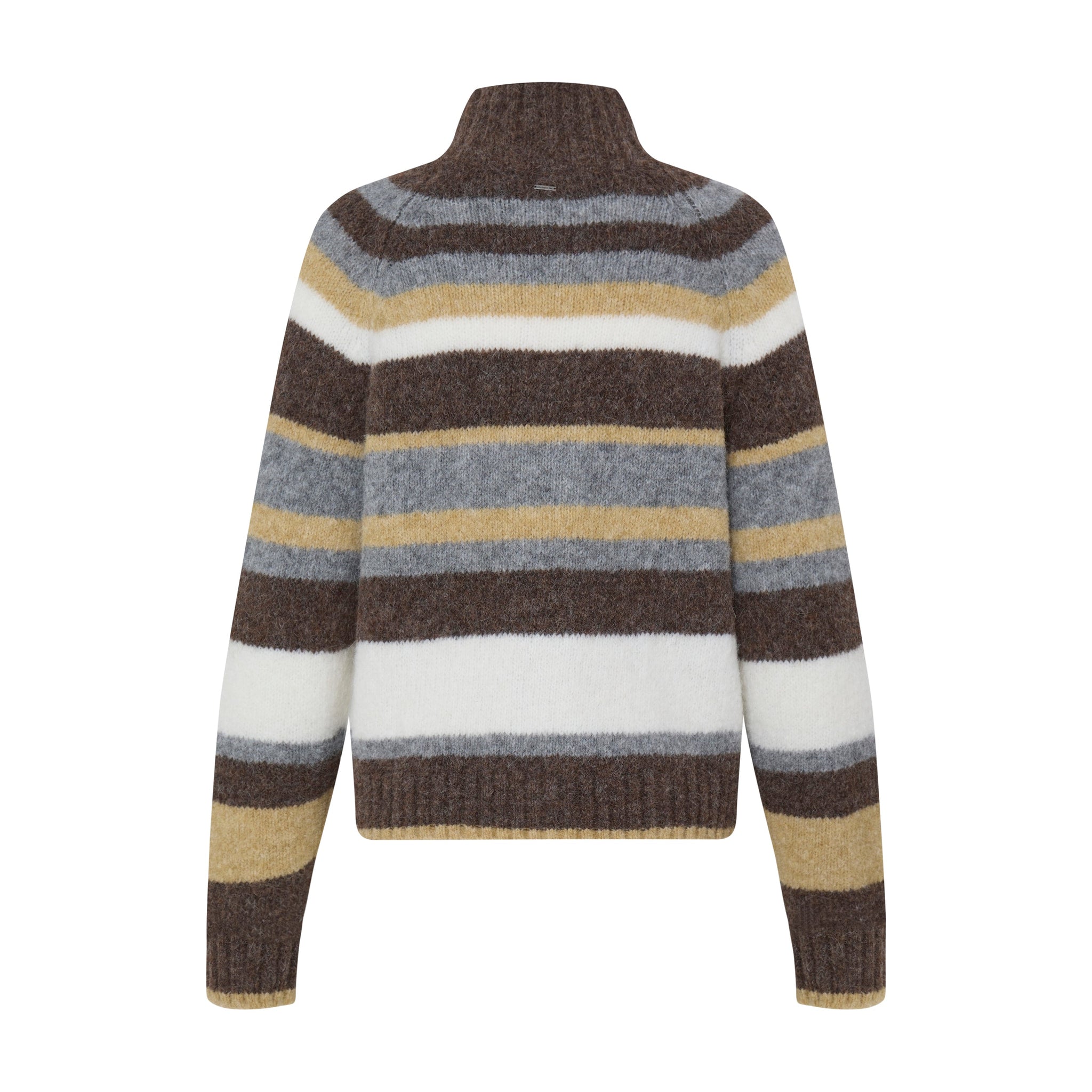 Brun stribet cardigan fra Pulz med grå, gule og hvide striber og høj krave, set bagfra