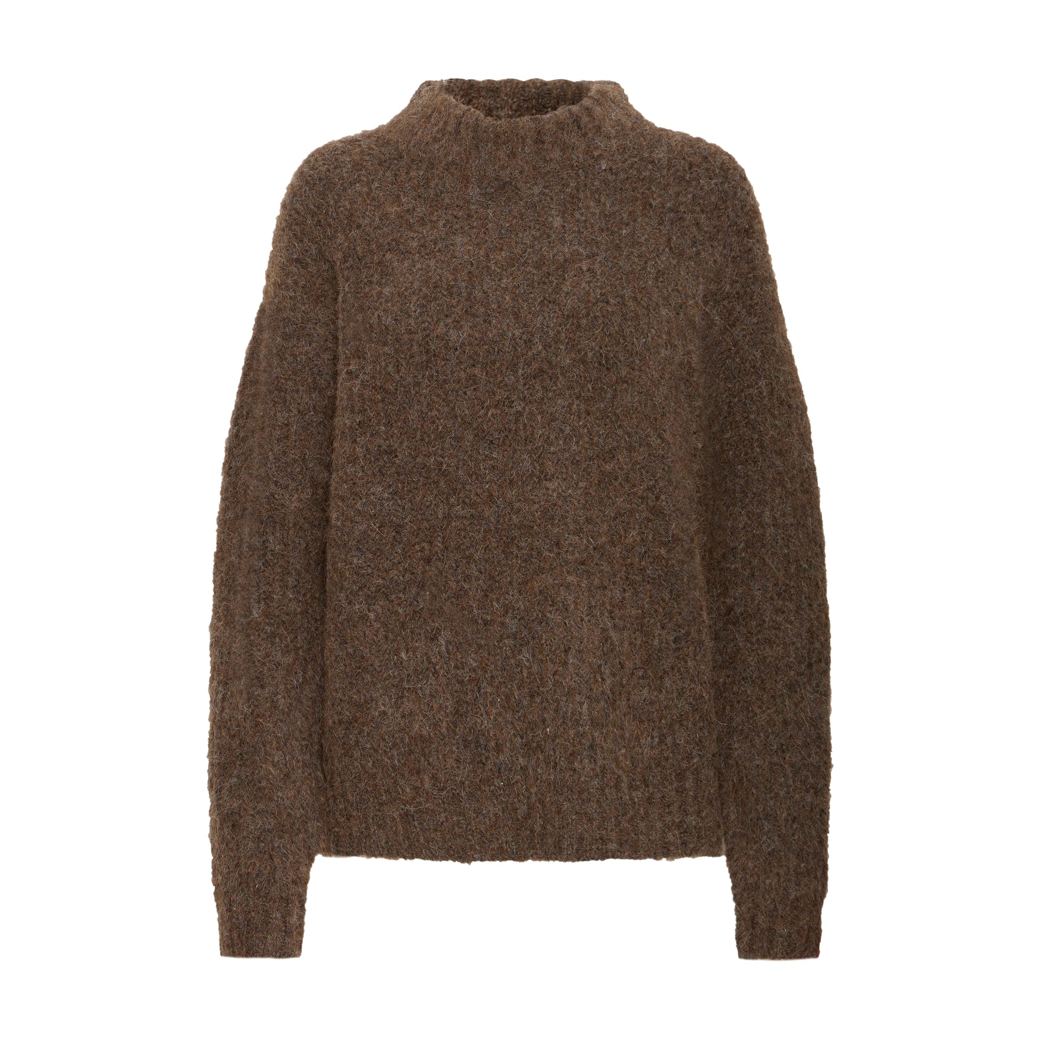 Brun Georgie pullover fra Pulz i farven Espresso med høj hals, set forfra