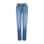 Blå straight leg jeans med høj talje fra Pulz i Medium Blue Denim set forfra