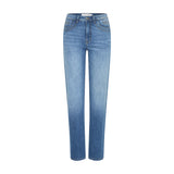 Blå straight leg jeans med høj talje fra Pulz i Medium Blue Denim set forfra