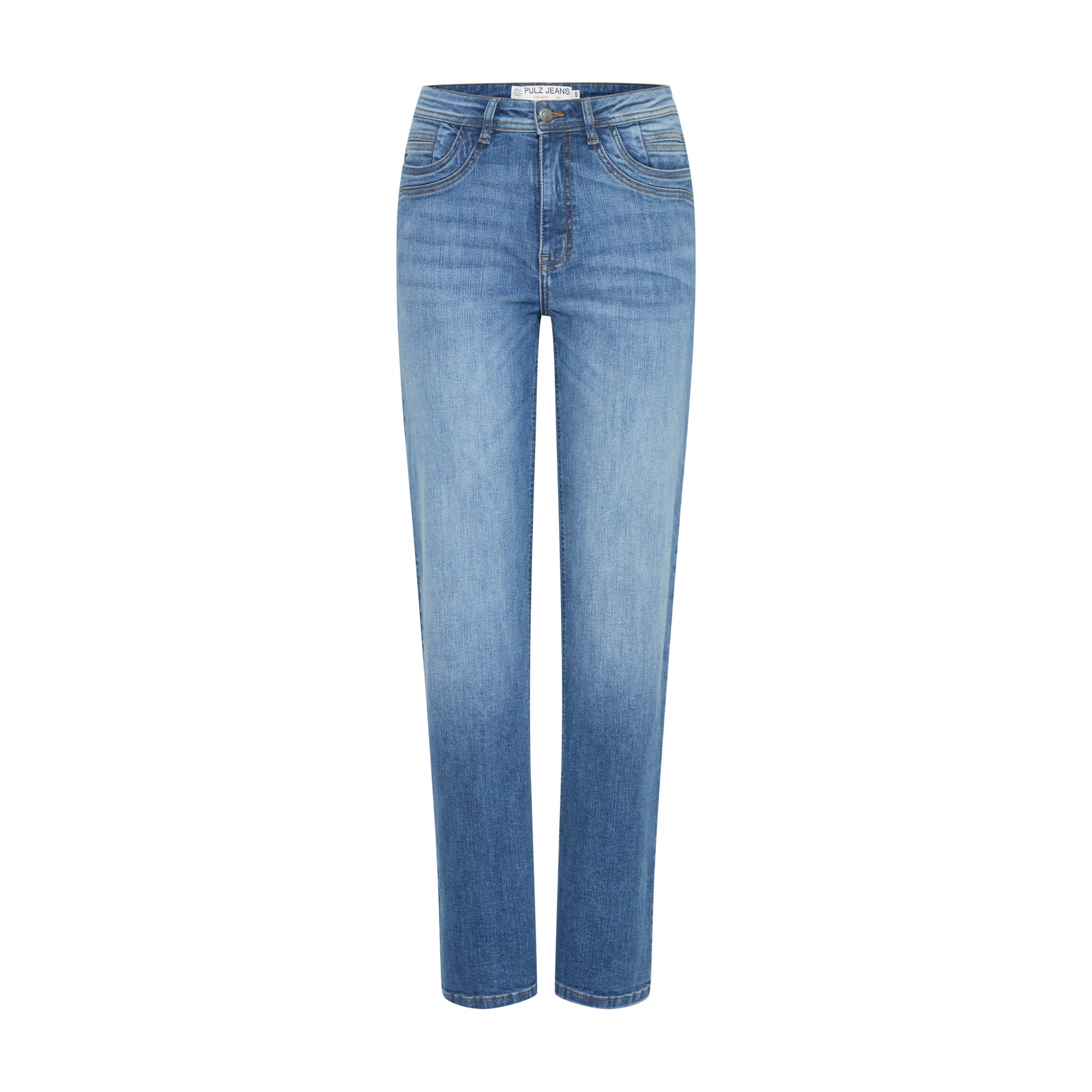 Blå straight leg jeans med høj talje fra Pulz i Medium Blue Denim set forfra