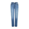 Blå straight leg jeans med høj talje fra Pulz i Medium Blue Denim set forfra