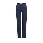 Navy straight leg jeans med høj talje fra Pulz i Unwashed Denim set forfra med knap og gyldenbrune sømme