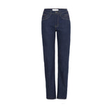 Navy straight leg jeans med høj talje fra Pulz i Unwashed Denim set forfra med knap og gyldenbrune sømme