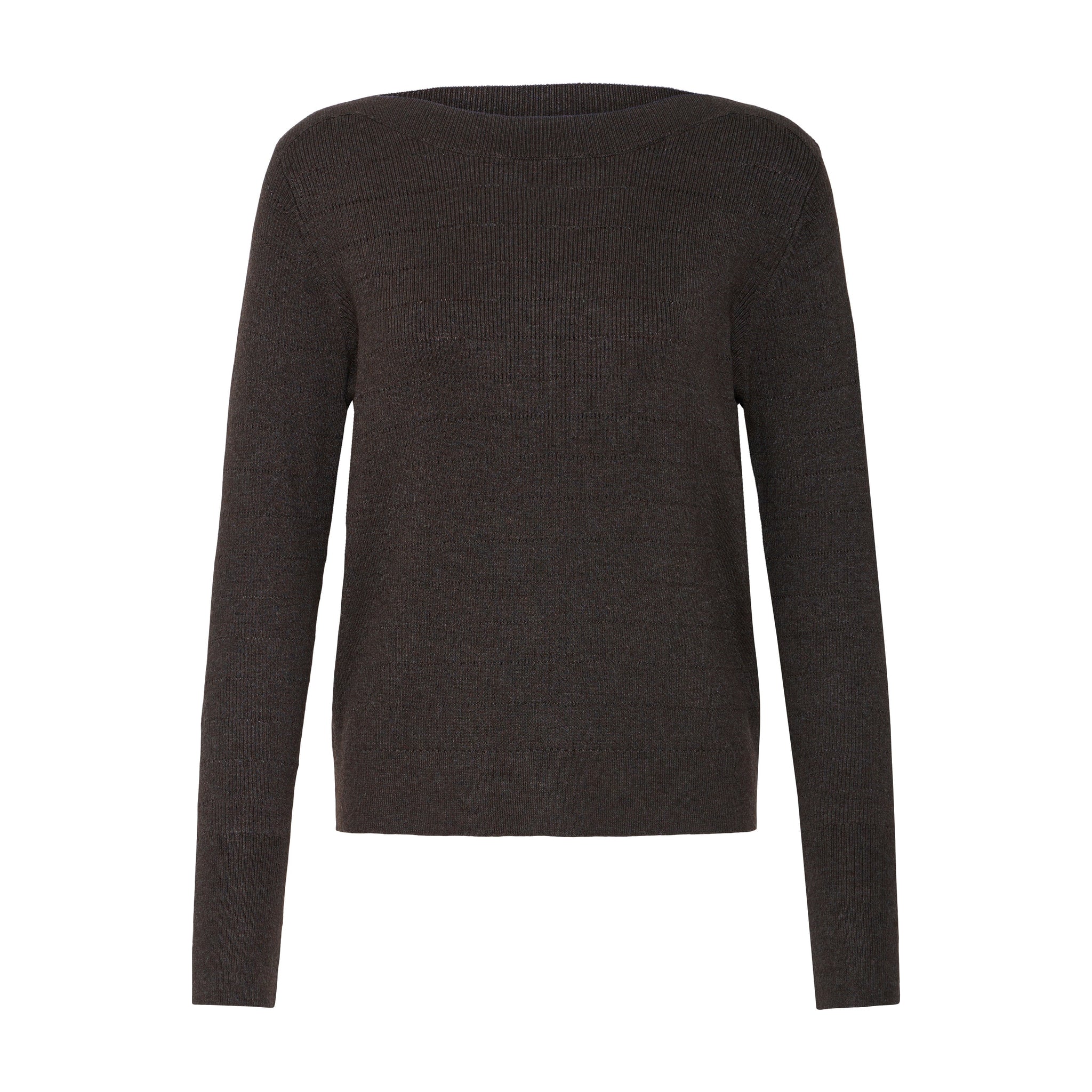 Brun pullover fra Pulz i farven Espresso med bådudskæring og lange ærmer, set forfra