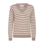 Brun stribet pullover fra Pulz med V-hals og cremefarvede striber set forfra