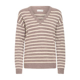 Brun stribet pullover fra Pulz med V-hals og cremefarvede striber set forfra