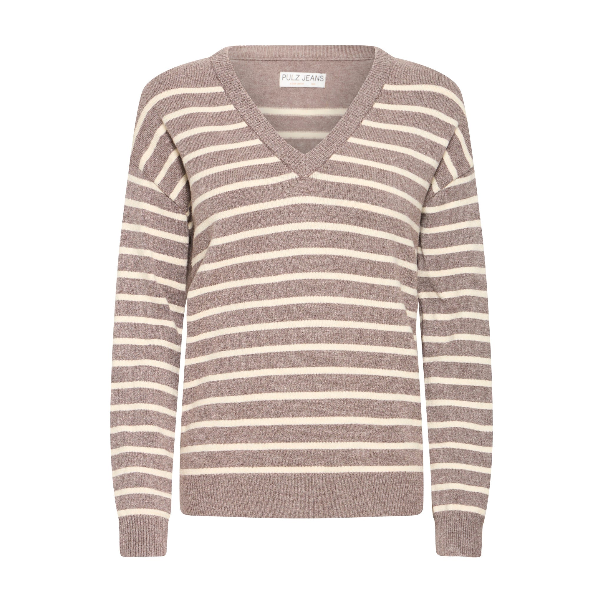 Brun stribet pullover fra Pulz med V-hals og cremefarvede striber set forfra