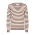 Brun stribet pullover fra Pulz med V-hals og cremefarvede striber set forfra