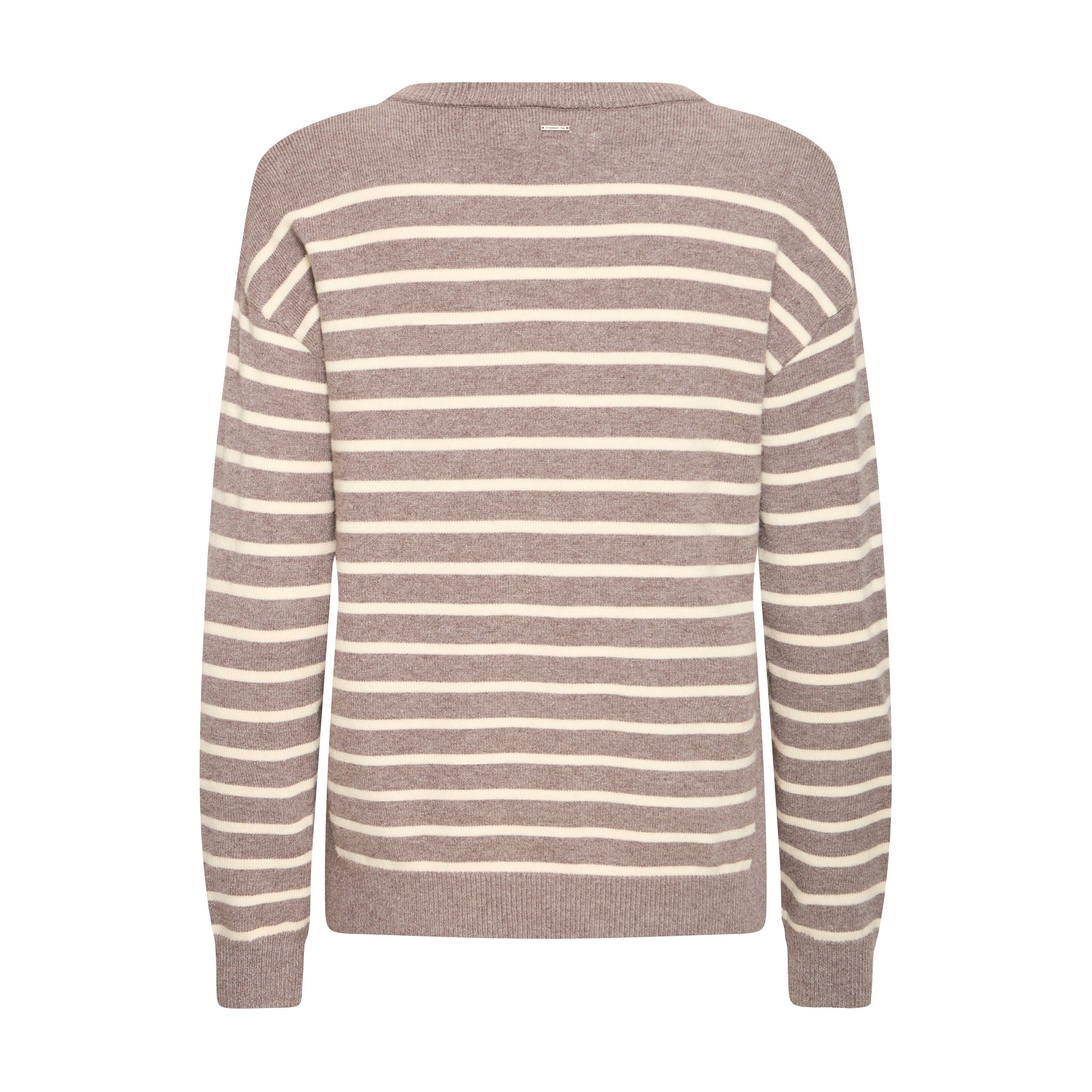 Brun stribet pullover fra Pulz set bagfra med ribkant forneden og ved ærmerne