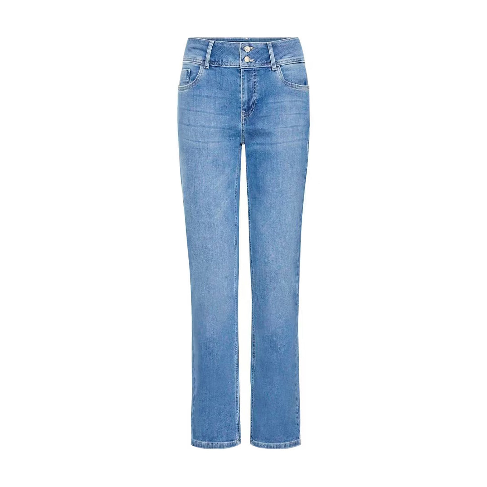 Lyseblå jeans fra Pulz med lige ben og to knapper i linningen set forfra