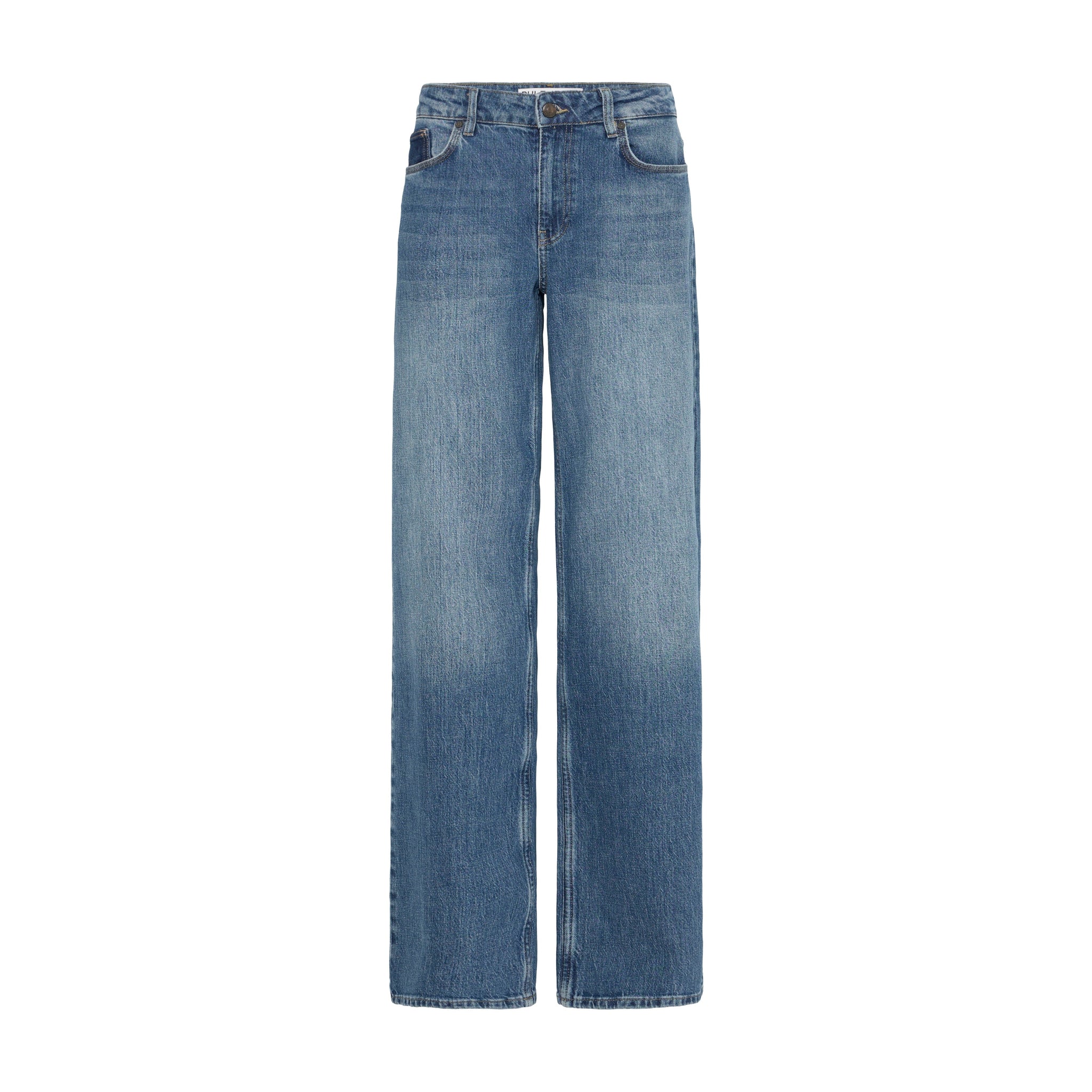 Blå wide leg jeans fra Pulz i Medium Blue Denim set forfra