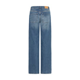 Blå wide leg jeans fra Pulz set bagfra med to baglommer og brunt mærke