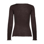 Brun bluse Burlington Wool LS T-Shirt i Mole set bagfra med lange ærmer og krøllet kant ved ærmer og bund