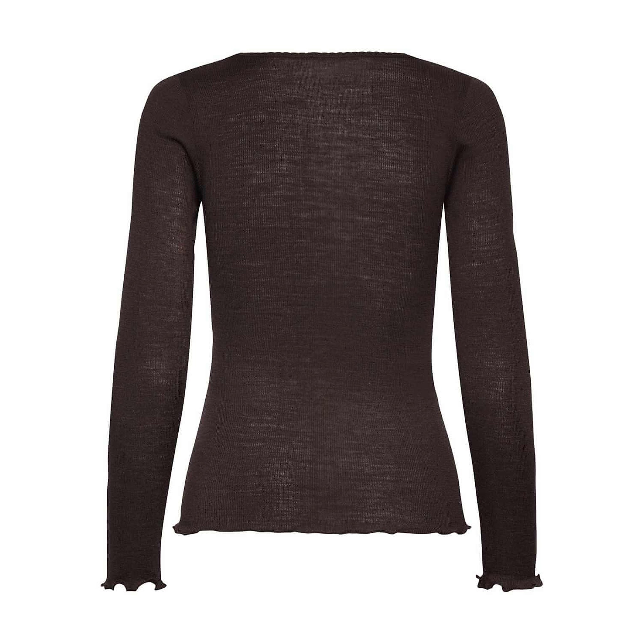 Brun bluse Burlington Wool LS T-Shirt i Mole set bagfra med lange ærmer og krøllet kant ved ærmer og bund