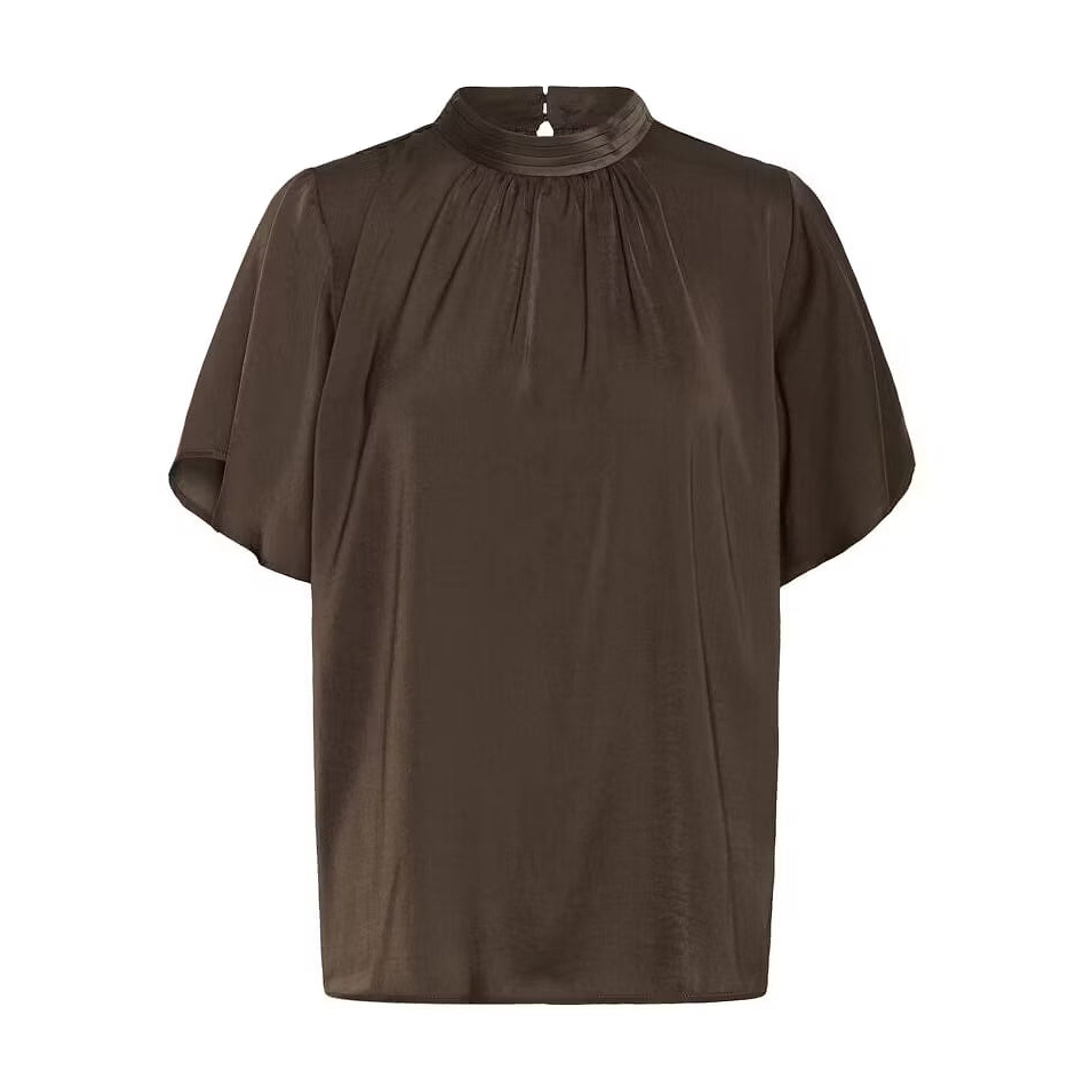 Brun bluse Aileen fra Saint Tropez forfra med høj krave, rynker og korte, vide ærmer