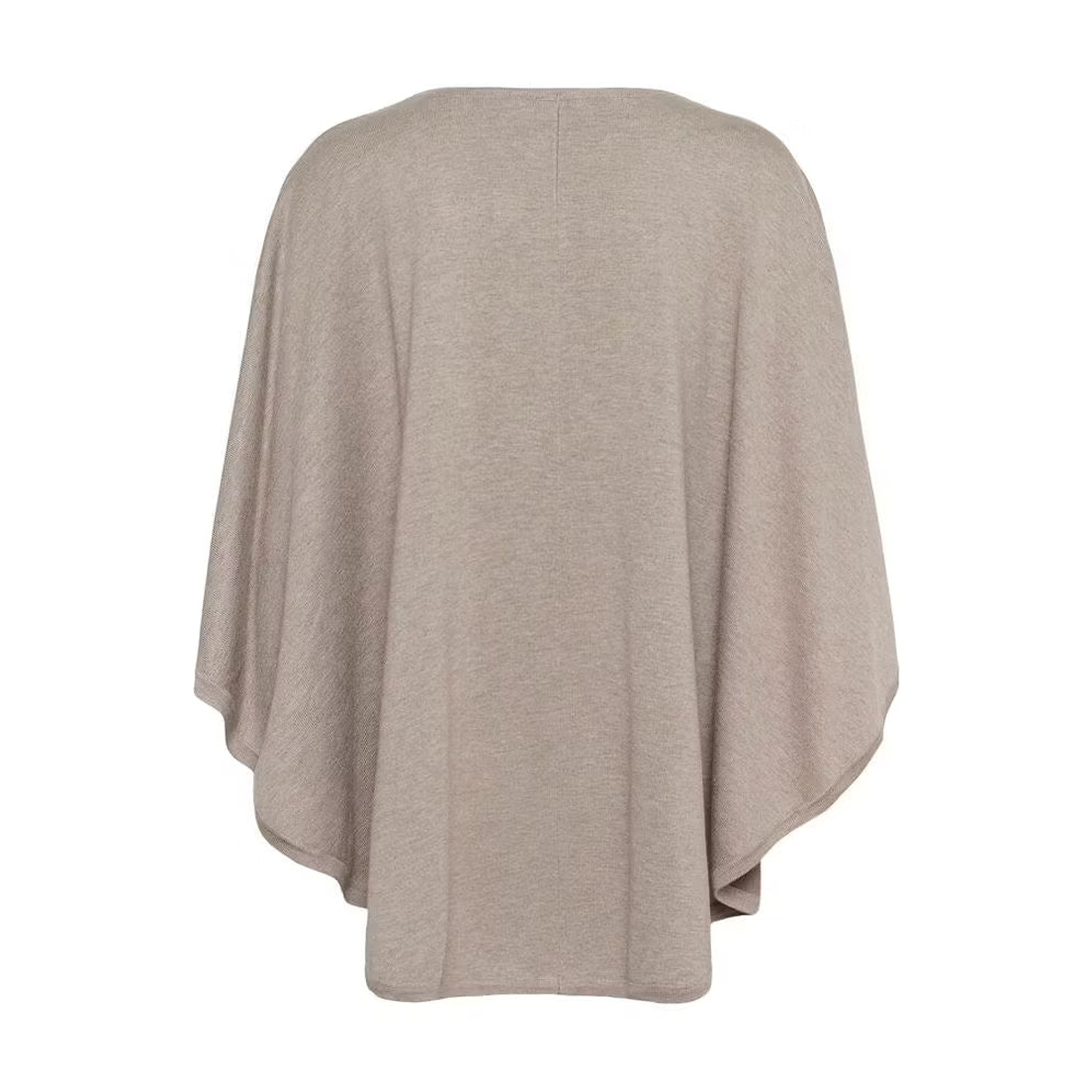 Grå melange strik Billi Poncho fra Saint Tropez set bagfra med bred ponchoform og afrundet kant