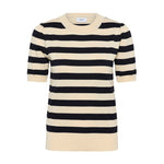 Stribet pullover i navy og lys beige fra Saint Tropez med korte puffede ærmer og rund hals, set forfra