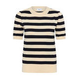 Stribet pullover i navy og lys beige fra Saint Tropez med korte puffede ærmer og rund hals, set forfra