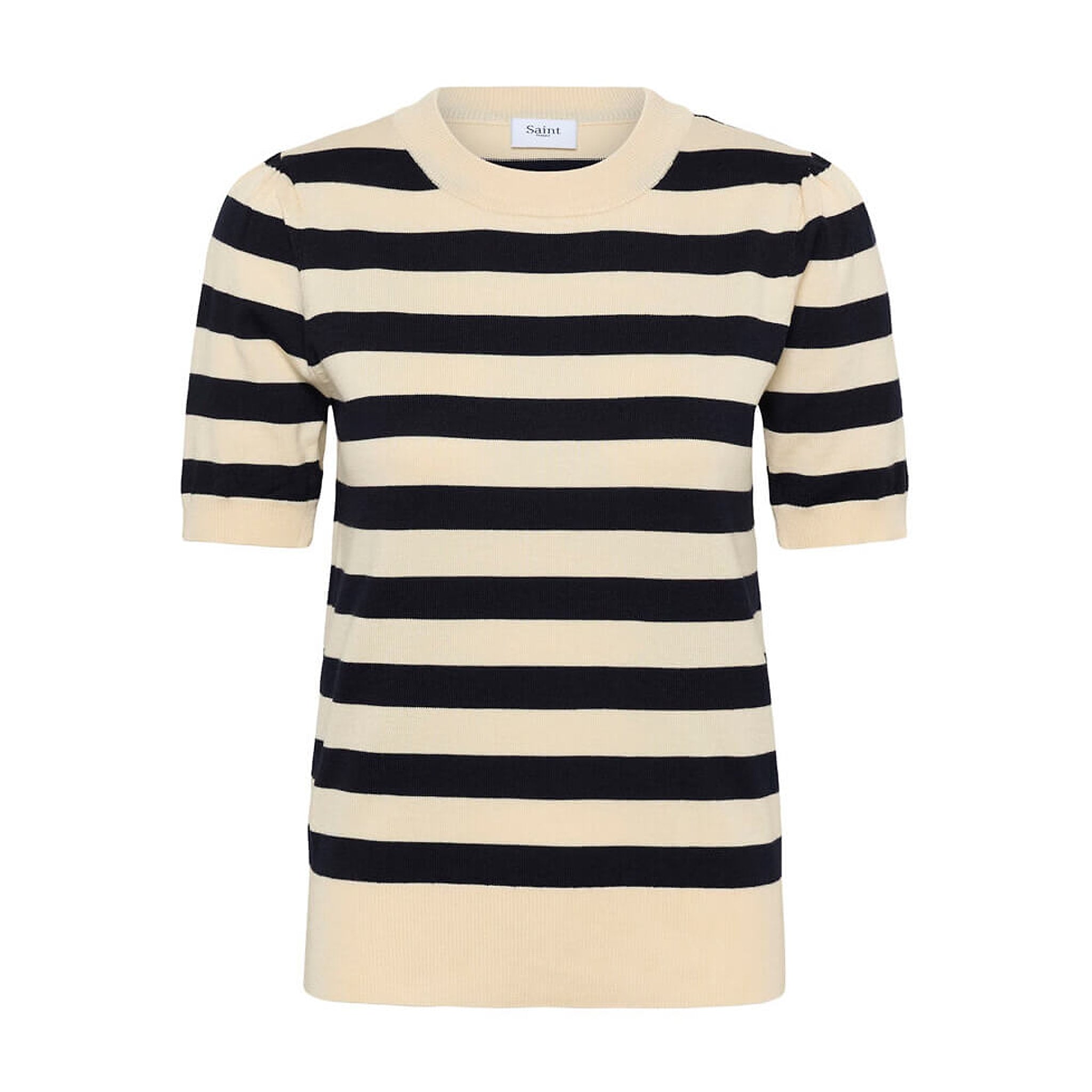 Stribet pullover i navy og lys beige fra Saint Tropez med korte puffede ærmer og rund hals, set forfra