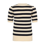 Navy og lys beige stribet pullover med korte ærmer og ribkant forneden, set bagfra