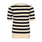 Navy og lys beige stribet pullover med korte ærmer og ribkant forneden, set bagfra
